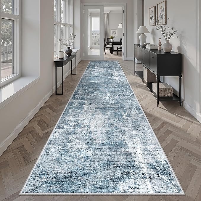 Soalmost Runner Rug 2'6" x 12' Washable Non-Slip 2.5x12 ft Long Runner Rugs for Kitchen Bathroom Laundry Room Vintage Ultra Thin Runners for Hallway Entryway Blue/Grey