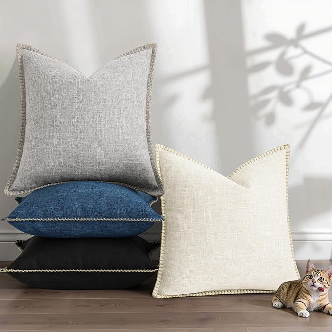 decorUhome Summer Decorative Throw Pillow Covers 16x16 Set of 2 Square Faux Linen Outdoor Neutral Farmhouse Pillow Covers with Stitched Edge for Couch Sofa Living Room, Light Grey