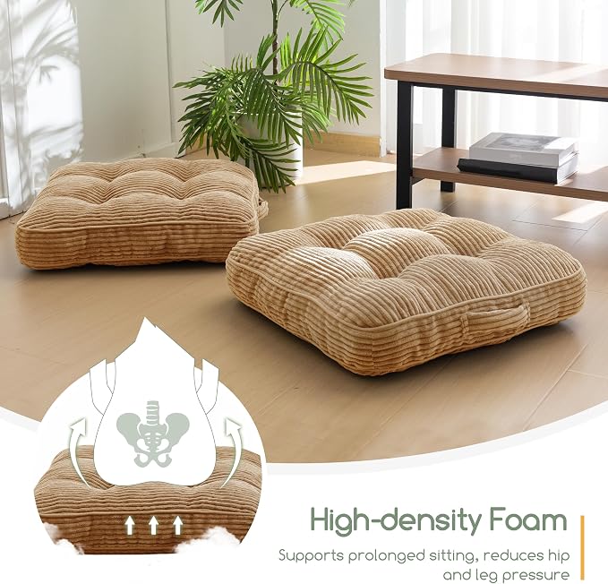 HIGOGOGO Floor Pillow Cushion for Adults, Meditation Cushion Pillow, Large Square Floor Sitting, Tufted Corduroy Cover, for Tatami Living Room or Yoga, 22x22 Inch, Coffee