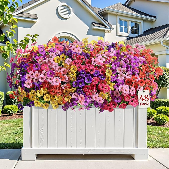 Alupssuc 48 Bundles Artificial Flowers for Outdoors Decoration, UV Resistant Silk Faux Floral Spring Fake Plastic Plants Greenery for Outside Indoor Porch Window Planter Home Decor(Upgrade 6 Colors)