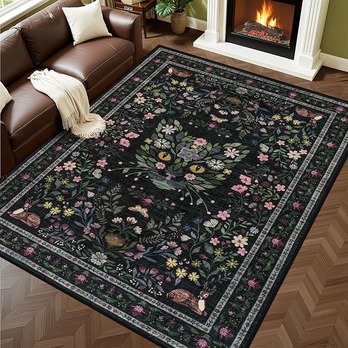 6x9 Area Rugs Living Room Rug: Vintage Washable Rug Floral Soft Carpet Indoor Floor Non-Slip Boho Stain Resistant Large Carpets for Bedroom Kids Nursery Dining Room Farmhouse Home Office Black/C02