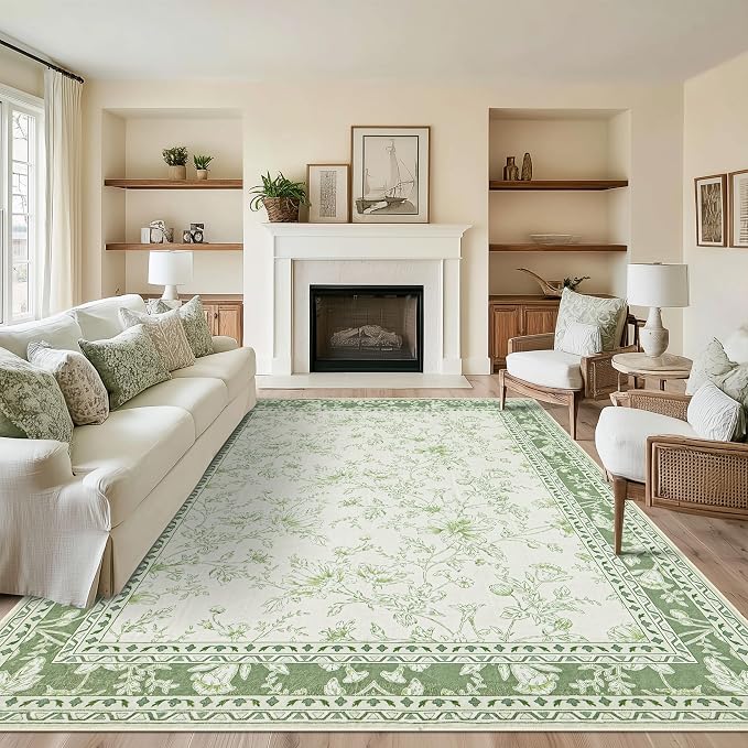 BILEEHOME Floral Area Rug for Bedroom 5x8 Sage Green and Cream Beige Vintage Boho Floral Sketch Style, Washable Low Pile Non Slip Area Rugs for Nursery Living Dining Room, Cozy Aesthetic Home Decor