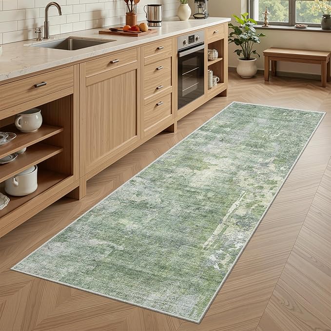 Soalmost Runner Rug 2x6 Washable Non-Slip Kitchen Runner Rugs for Bathroom Laundry Room Green/Ivory Vintage Floor Carpet Runners for Hallway Entryway