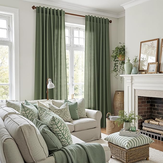 Nanspring Forest Green Linen Curtains 108 Inches Long for Living Room Light Filtering Semi Sheer Curtain Back Tab Wabi Sabi Boho Decor Floor to Ceiling High Window for Bedroom Office 52x108, 2 Panels