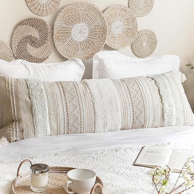 BlissBlush 20X54 Oversized Large Lumbar Pillow Cover for Bed, Rectangular Long Decorative Throw Pillowcase, Cotton Boho Accent Cushion with Tufted Pattern and Tassels, Cream Beige Neutral (Cover Only)