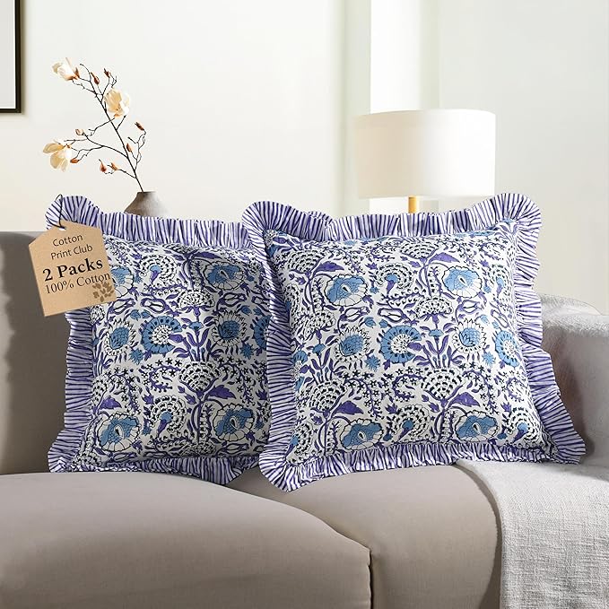 CPC Indigo Blue 100% Cotton Block Print Ruffle Pillow Cover 16X16 inch, Handmade Boho Floral Pillowcase, Farmhouse Cottagecore Bedding, Soft Decorative Cushion Cover for Bedroom Décor