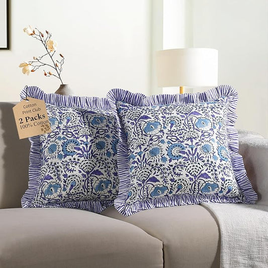 CPC Indigo Blue Ruffle Throw Pillow Covers for Couch, 20x20 Inch Cotton Stripe Ruffle Couch Pillows for Living Room, Hidden 16 Inch Zipper Boho Pillow Case or Cute Outdoor Pillows