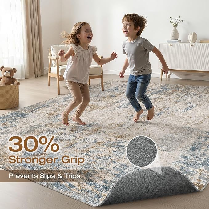 7x10 Area Rug Living Room: Washable Large Neutral Rug Abstract Soft Modern Stain Resistant Indoor Floor Non-Slip Carpet for Bedroom Nursery Kids Office Playroom Dining Room Under Table- Blue Brown