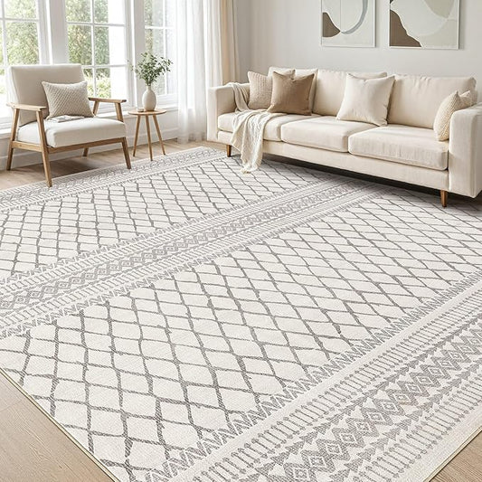 cotiled 6x9 Area Rug Living Room: Washable Boho Rugs with Non Slip Backing Large Soft Indoor Stain Resistant Carpet for Bedroom Farmhouse Dining Room Lightweight Home Decor Beige/Gray