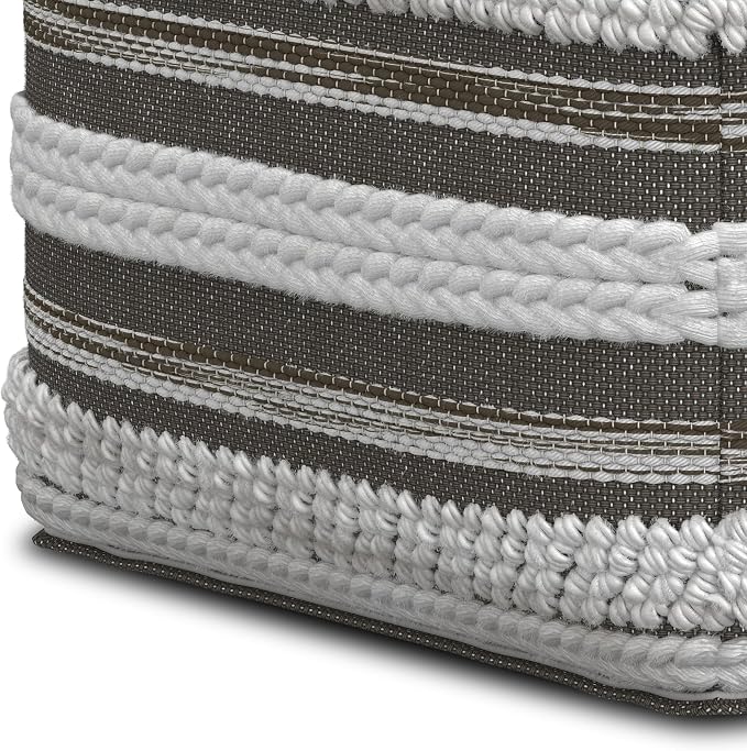 SIMPLIHOME Sommer Boho Square Pouf in Natural/Taupe Grey Handloom Woven Pattern for the Living Room, Bedroom and Kids Room
