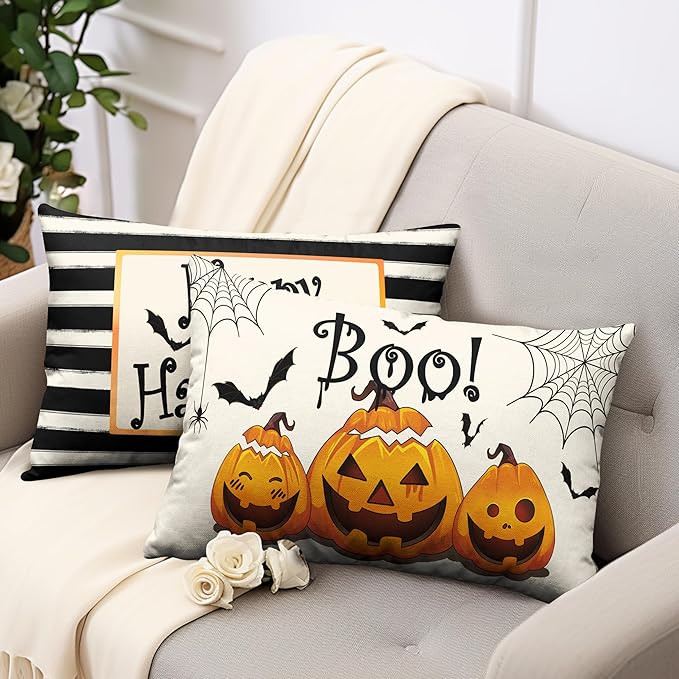 Happy Halloween Lumbar Pillow Covers 12x20 Set of 2 Pumpkin Bat Spider Web Waist Throw Pillow Covers Boo Pillow Halloween Rectangular Pillow Case for Home Decor Couch Outdoor
