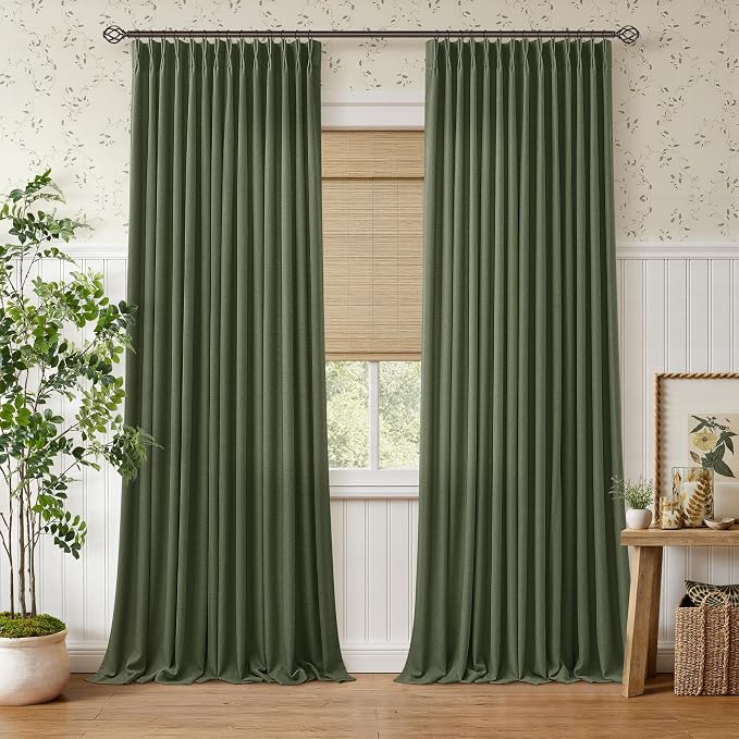 Olive Green Pinch Pleated Curtains 90 Inches Long for Living Room Bedroom 2 Panels Linen Textured Farmhouse Aesthetic Light Filtering Semi Sheer Loden Pleat Window Drape Hooks Rings 40x96 Length