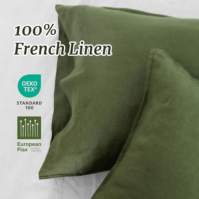 Linen Pillow Cases 100% French Natural Linen Pillowcase Set of 2-Stone Washed Moisture-Absorbing Linen Pillow Shams King Size(20''x40''),Olive Green