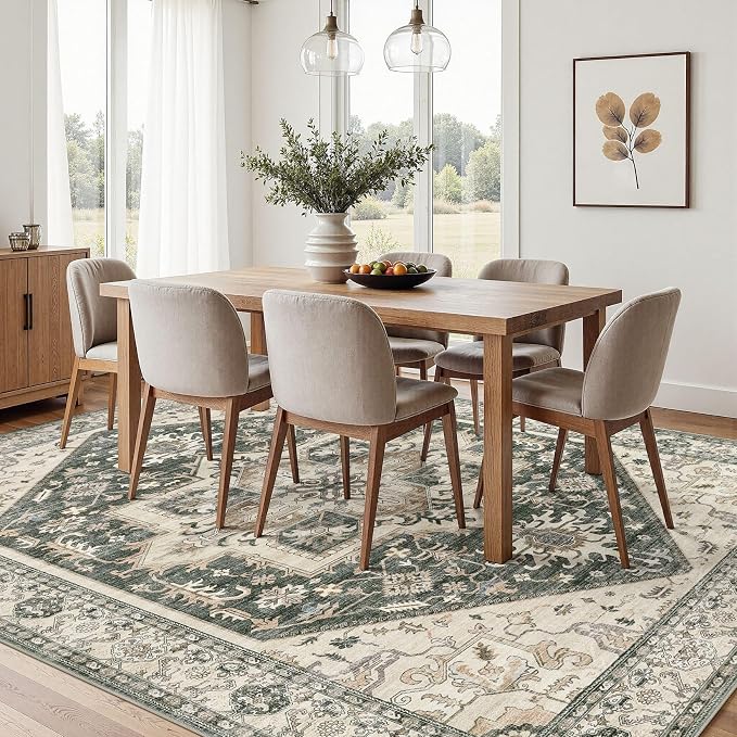 10x14 Area Rug for Living Room- Machine Washable Soft Oriental Vintage Large Indoor Floor Carpet for Bedroom Under Dining Table Home Office Decor - Vintage Green