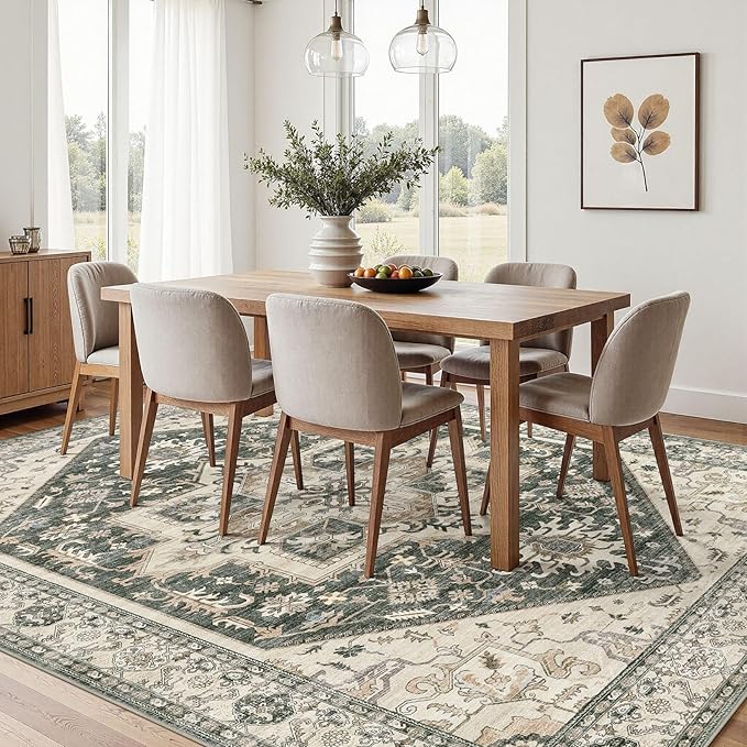 Area Rug for Living Room - 7x9 Washable Oriental Vintage Floral Large Soft Carpet - Fade Stain Resistant Non Slip Rugs for Bedroom Dining Room Nursery Dorm Office Home Decor - Vintage Green