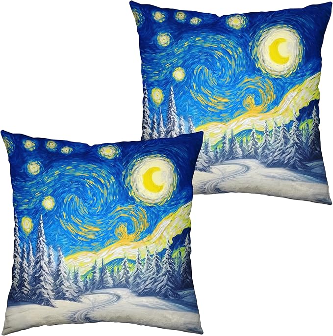 Winter Pine Forest Pillow Covers Van Gogh Starry Night Throw Pillow Covers Christmas Tree Pillowcase 22x22 Set of 2 Double Sided Printing Cushion Case for Living Room Couch Sofa