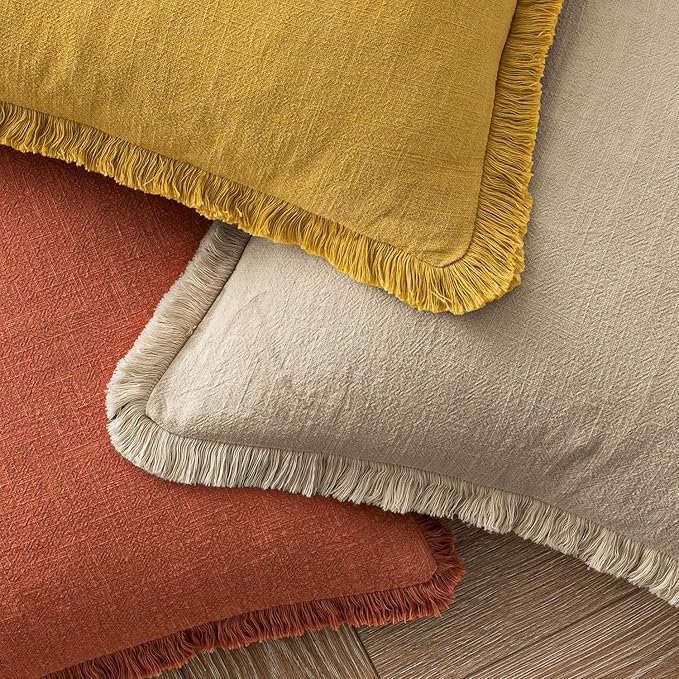 MIULEE Decorative Lumbar Throw Pillow Covers Neutral Linen Fringe Throw Pillows Set of 2 Mustard Yellow Boho Farmhouse Cushion Covers for Couch Sofa Bed Living Room Spring Home Decor 12x20 Inch
