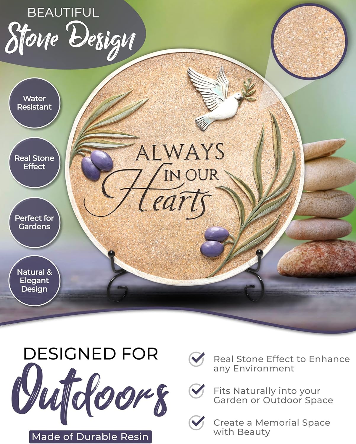 Spiritwind 10-Inch Garden Memorial Stone with Included Plaque Stand & Sympathy Card, Memorial Plaques for Outdoors with Peace Dove Amongst Olive Branches, Memorial Stepping Stone for Loss of Loved One