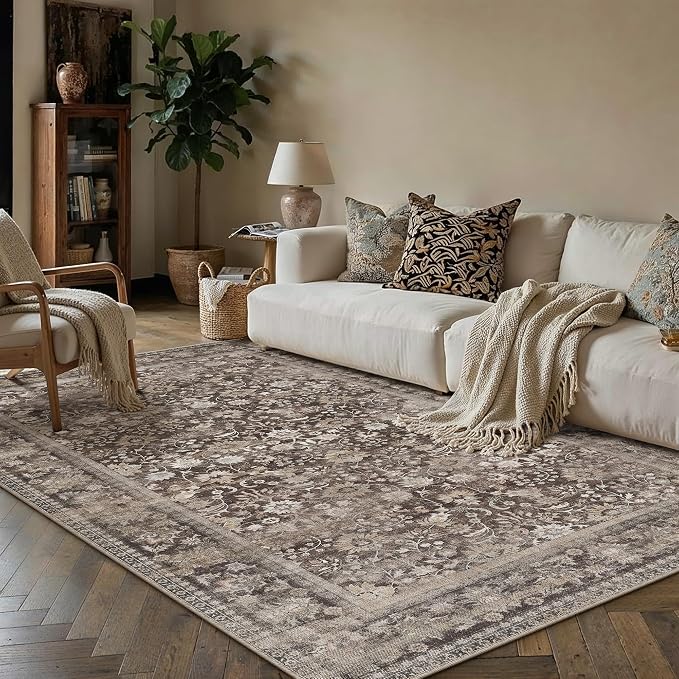 HUGEAR 3x5 Machine Washable Rugs Coffee Brown Hallway Area Rug Indoor Accent Rug Floral Low Pile Carpet Soft Throw Aesthetic Rug Bedroom Living Room Office Dining Room Kitchen Laundry Room Non Slip