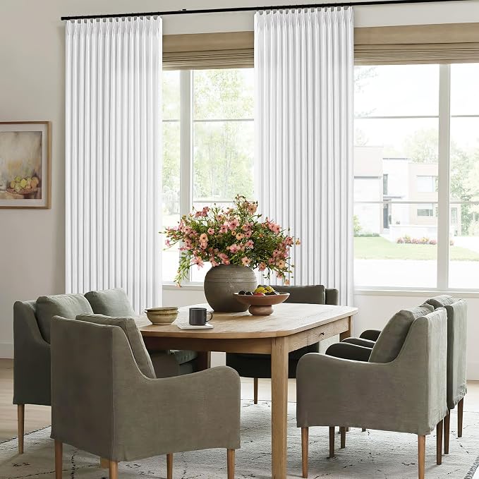 Extra Wide Pinch Pleated Linen Curtains 90 Inches Long 100 Inch Width for Living Room Bedroom Light Filtering White Semi Sheer Pleat Window Curtain Pinch Pleated Drape with Hooks Rings 1 Panel 100x90
