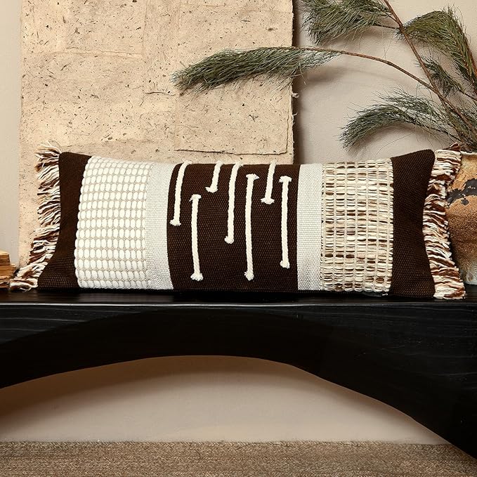 Decorative Lumbar Pillow Cover 12x28, Boho Woven Farmhouse Cotton Linen Cushion Case with Tassels & Hidden Zipper, Lumbar Throw Pillow Case for Bed Sofa Bedroom Living Room(Dark Brown)