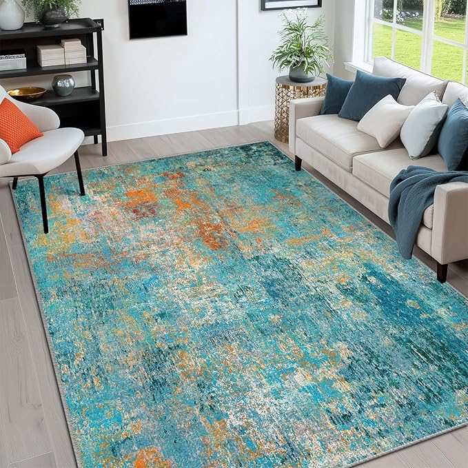 RELEANY Washable Area Rugs 6'x8' Non-Slip Modern Abstract Soft for Living Room Entryway Bedroom Nursery, Print Pattern, Teal Blue Green Orange Rust Red Colorful