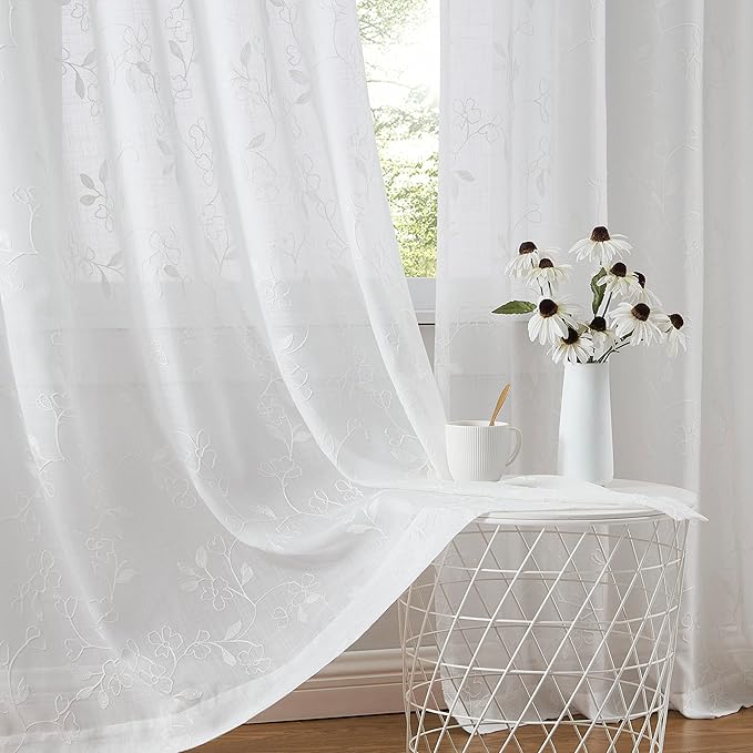 Vision Home White Floral Pinch Pleated Sheer Curtains Embroidered Leaf Patterned Rustic Light Filtering Window Treatment for Living Room Bedroom Pleat Drapes with Back Tab Hooks 40" Wx90 Lx2