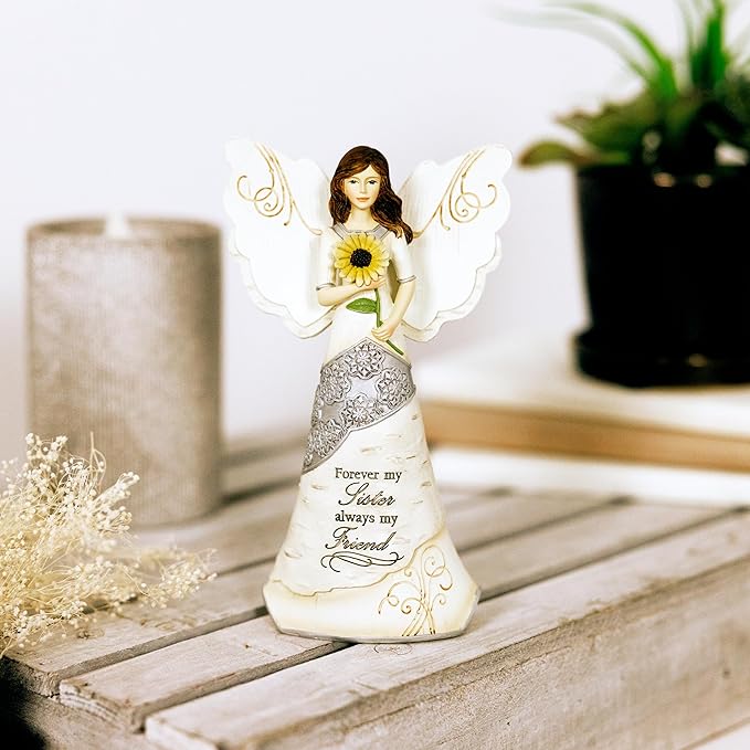 Elements Sister Angel Figurine by Pavilion, 6-1/2-Inch, Holding Sunflower, Inscription Forever My Sister Always My Friend,White
