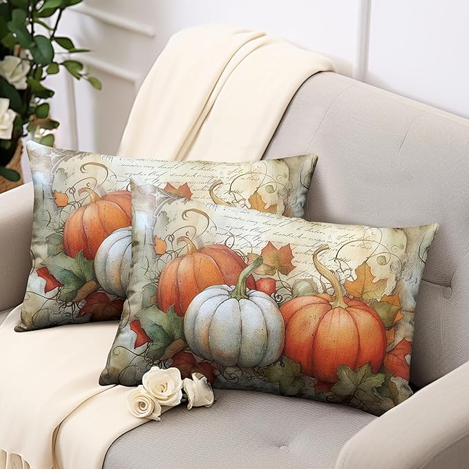 Fall Outdoor Lumbar Pillow Covers 12x20 Watercolor White Orange Pumpkin with Maple Leaves Rectangle Pillow Case Set of 2 Autumn Waist Cushion Case for Couch Patio Bench