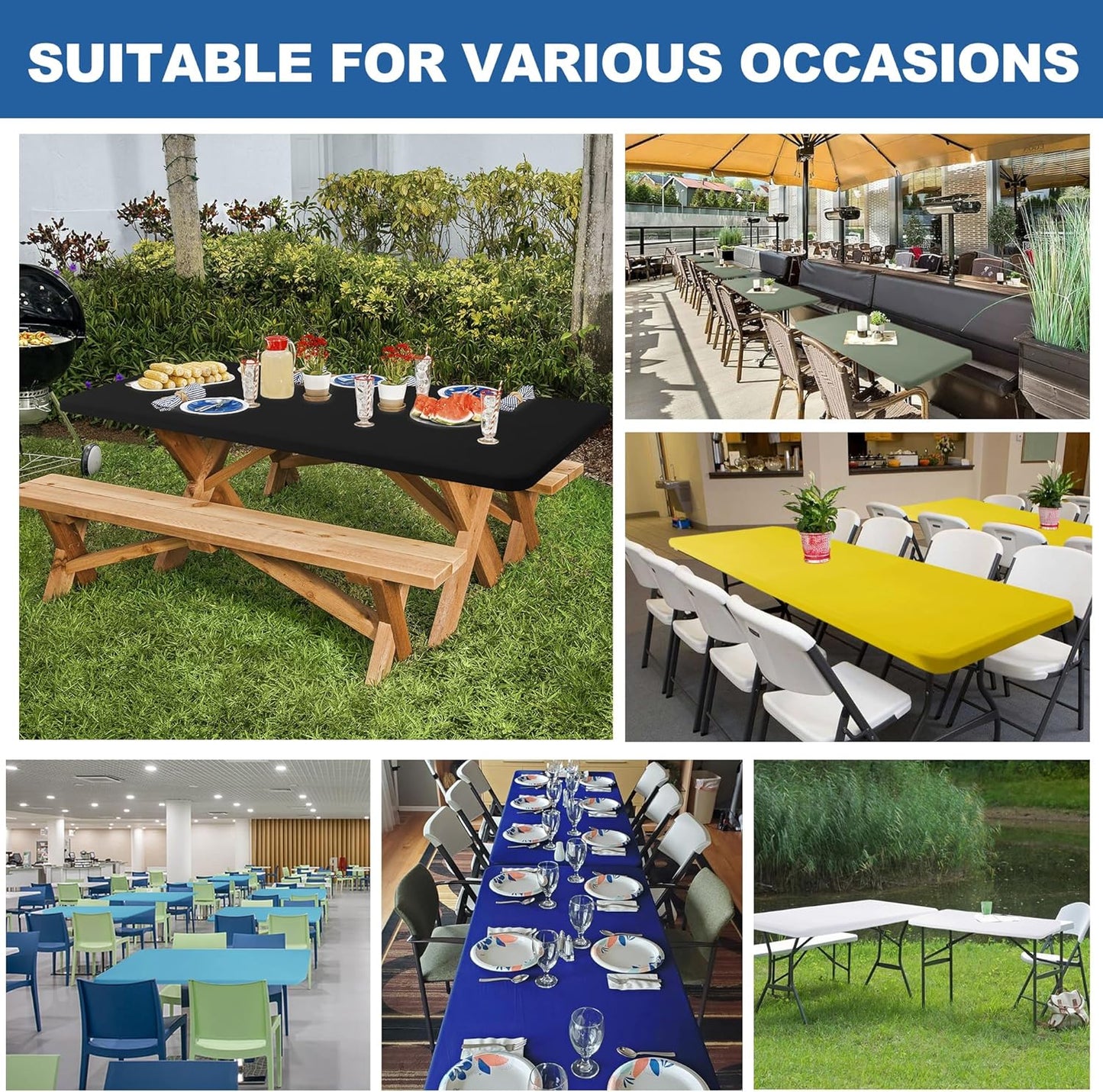 Fitted Tablecloth for 8 Foot Rectangle-6 Pack Light Blue Elastic Outdoor Picnic Table Cover-Spandex Stretch Folding Table Cloths 8ft for Camping Dining Room Patio Kitchen Banquet Party