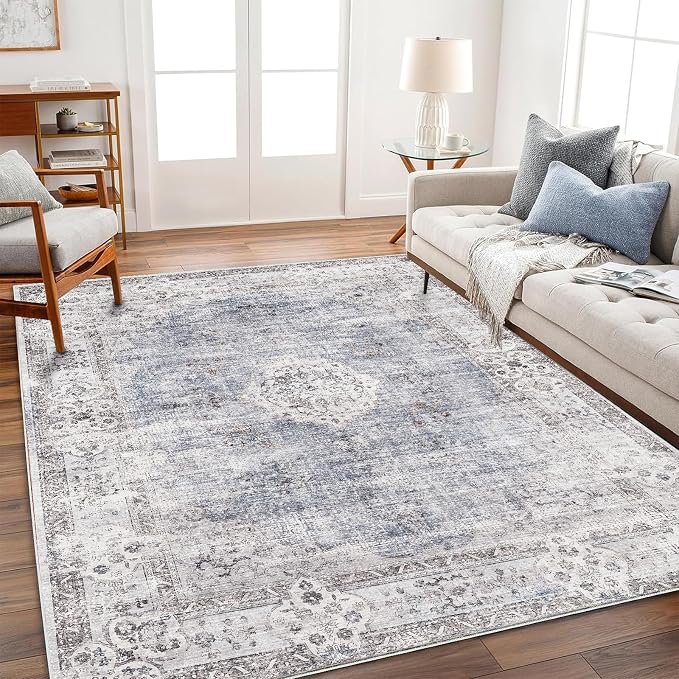 CHAMPLANT Washable Area Rug 3'x5' Vintage Traditional Floor Cover Foldable Thin Rugs Retro Kitchen Indoor Distressed Non Slip Carpet Floral Print Mat Bedroom Living Room