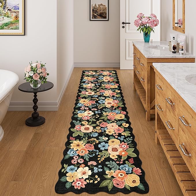 DUKINO 2x8 Washable Runner Rug, Lightweight Soft Floral Hallway Rug Runner with Low Pile Design, Non Shedding & Non Slip Backing Thin Indoor Carpet for Bedroom, Bathroom, Entrance, Kitchen, Black