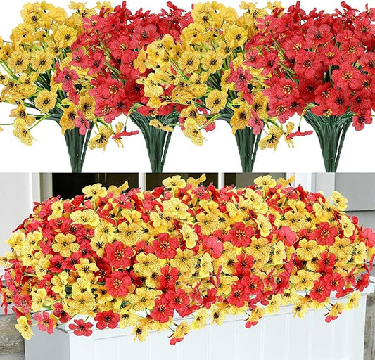 Geegoods Artificial Mums Flowers for Outdoors, 16 Bundles UV Resistant Fake Plastic Red and Yellow Flowers for Patio Porch Spring Summer Decor