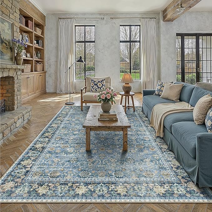 HUGEAR 8x10 Machine Washable Rugs Light Blue Hallway Large Area Rug Indoor Accent Rug Floral Low Pile Carpet Soft Throw Aesthetic Rug Bedroom Living Room Office Dining Room Kitchen Laundry Room