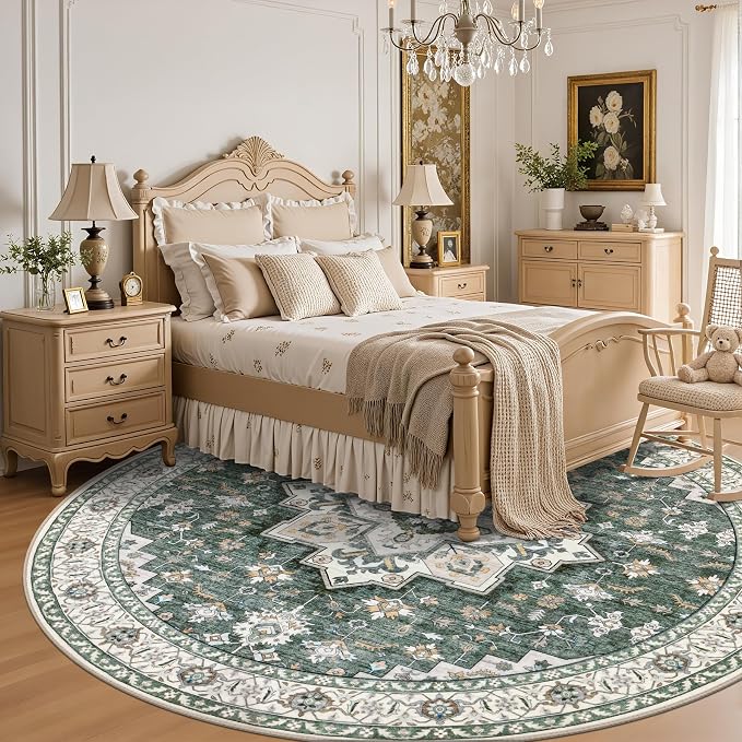 Round Area Rug for Living Room: 4 ft Washable Vintage Boho Soft Thin Circle Rug Indoor Floor No Slip Stain Resistant Carpet for Bedroom Dining Room Farmhouse Nursery Home Office - Green Ivory