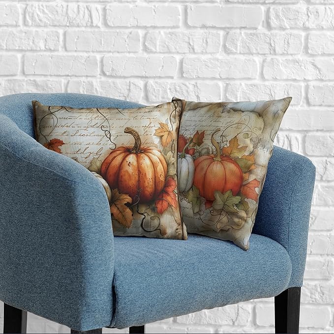 Fall Pillow Covers 22x22 Vintage White Orange Pumpkin with Maple Leaves Decorative Pillow Case Set of 2 Autumn Cotton Linen Cushion Case for Couch Patio Bench
