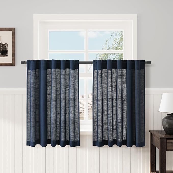 Navy Blue Cafe Curtains 30 Inch Length Linen Privacy Light Filtering Pleated Short Curtain Rod Pocket Back Tab Design Shabby Chic Kitchen for Bathroom Boy Laundry Room Small Window 2 Panels 26Wx30L