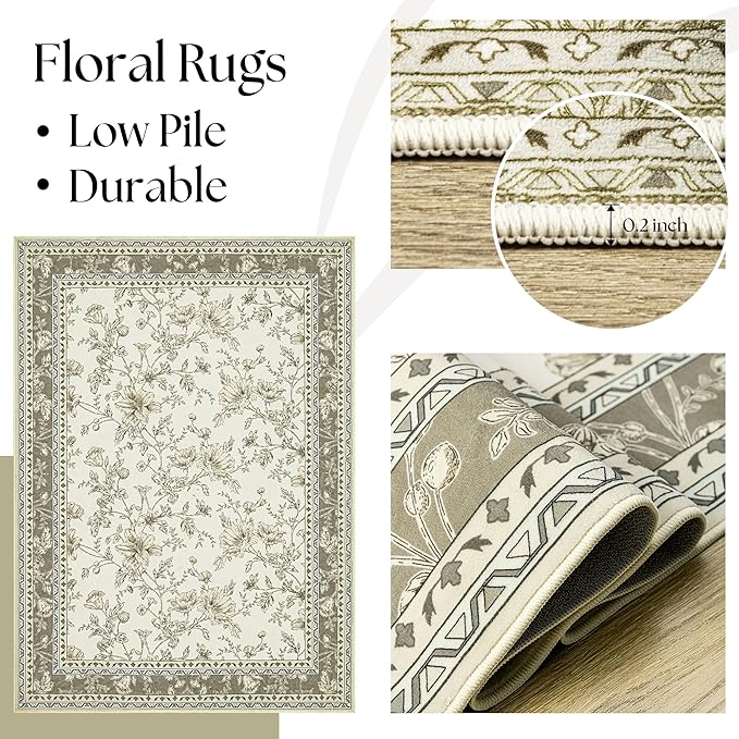 Greyish Beige Floral Rug 5x7 Machine Washable Area Rug for Living Room Vintage Boho Farmhouse Low Pile Distressed Carpet for Dining Room, Bedroom Indoor Non-Slip Tan Taupe Flower Design Home Decor