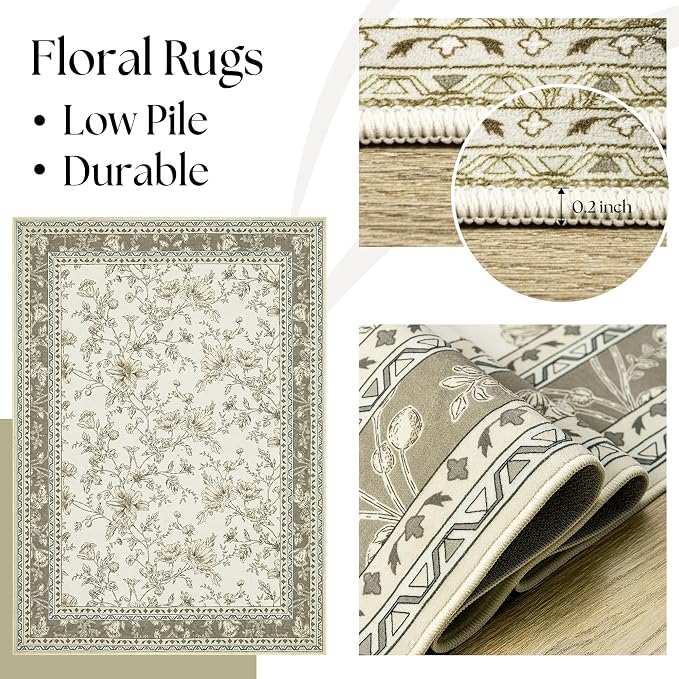 Beige and Taupe Farmhouse Washable 9x12 Area Rugs for Living Dining Room Bedroom Office Kitchen Table Large Rug for Under Table, Light Tan Cream Khaki Sketch Pattern Floral Vintage Boho Home Decor