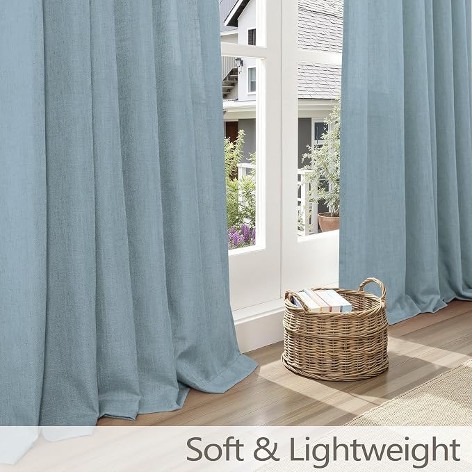 Slate Blue Curtains 45 Inch Length for Kitchen 2 Panel Set Pinch Pleat Back Tab Casual Flax Linen Soft Cotton Textured Semi Sheer Mineral Stone Blue Curtains for Boys Bedroom Bathroom Nursery 45 Long
