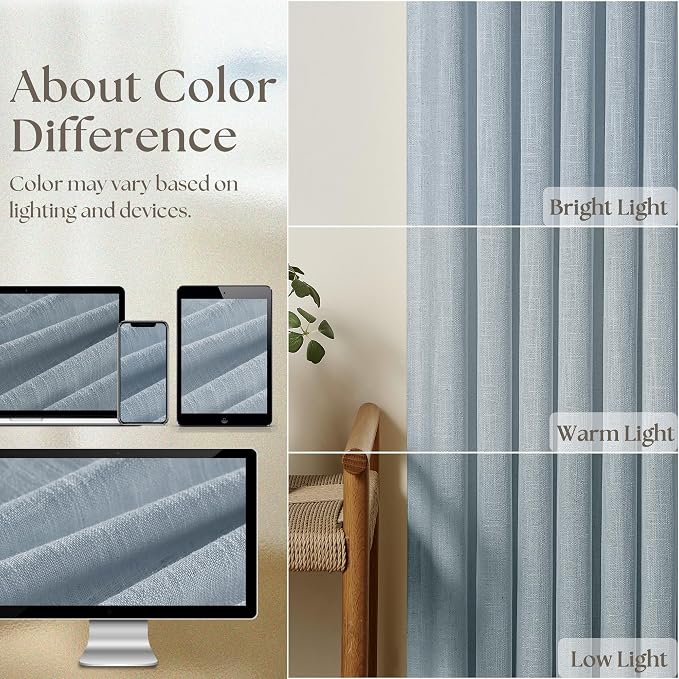 Dusty Blue Pleated Linen Curtains 96 Inches Long for Living Room 2 Panel Set Semi Sheer Light Filtering Pinch Pleat with Rings Hooks Drapes Boho Farmhouse Light Blue Grey Curtain Bedroom Window