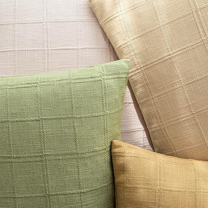 Foindtower Set of 2 Decorative Linen Check Throw Pillow Covers Neutral Farmhouse Vintage Cushion Covers Modern Boho Accent Home Decor for Sofa Chair Couch Bedroom Living Room,18×18 Inch,Light Green