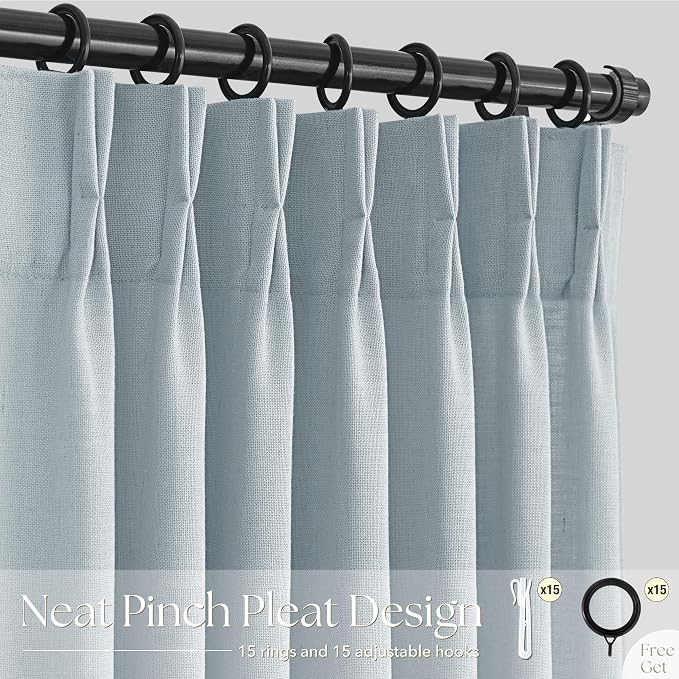Light Blue Pinch Pleated Linen Curtains 102 inches Long with Clips and Hooks for Boys Bedroom Elegant Neutral Farmhouse Dusty Blue Semi Sheer Pleat Drapes Living Room 40"x102" 2 Panels Grey Blue
