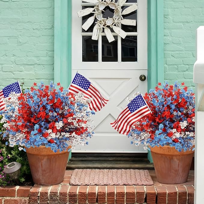 Lyrow 48 Pcs Red Blue White Patriotic Artificial Flowers 4th of July 250th Anniversary Table Centerpieces Decor Fake Babys Breath Pick Stems Floral Arrangement for Veterans Memorial Day Home Outdoor
