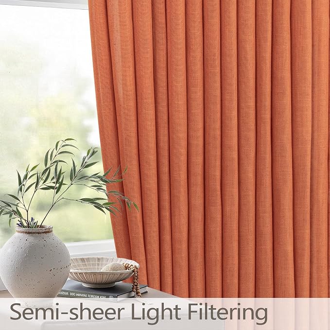 Burnt Orange Pleated Curtains 84 Inch Length 2 Panel for Living Room Pinch Pleat Thick Linen Sheer Light Filtering Privacy Fall Drape Rust Terracotta Curtain for Bedroom Boho Funky 40x84 Long Back Tab
