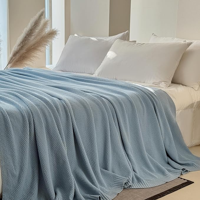 Simple&Opulence 100% Cotton Throw Blanket, Solid Color Cable Knitted Blanket Super Soft Comfortable Breathable Decorative Farmhouse for Couch Sofa Bed, All Season Use(Winter Blue,50x60)