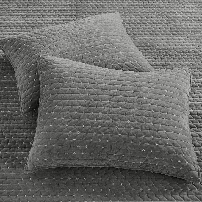 Levtex Home - Velvet Stitch Quilt Set - Full/Queen Quilt (88x92in.) + Two Standard Shams (26x20in.) - Velvet - Grey White - Reversible - Polyester