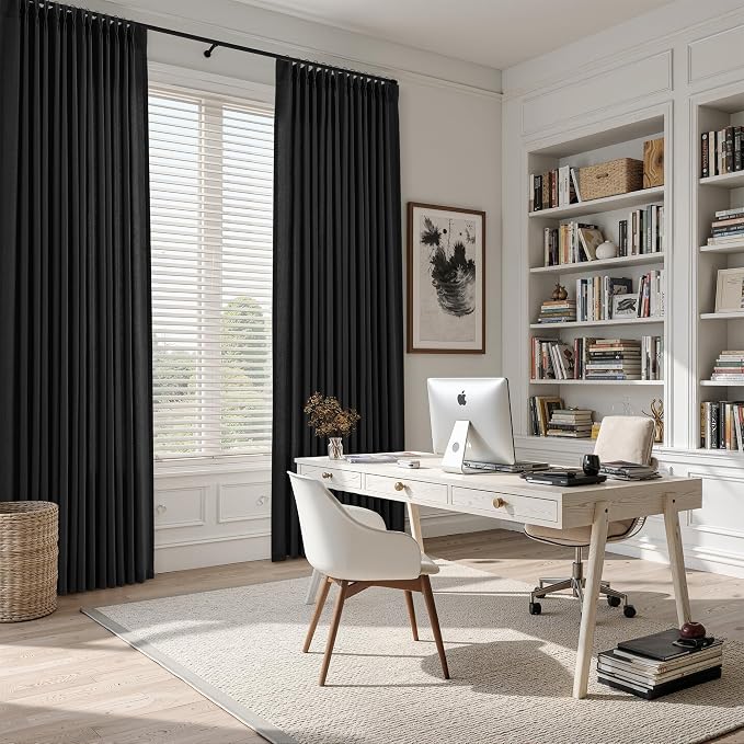 Guken Black Pinch Pleated Linen Curtains 90 Inches Long Country Boho Farmhouse Semi Sheer Textured Linen Blended Light Filtering Curtain for Living Room Bedroom Pleated Drapes with Hooks Rings 40x90