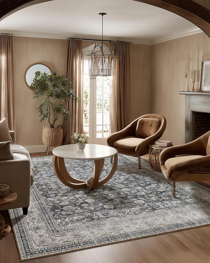 Machine Washable Rugs for Living Room: 5x7 Bedroom Rug Vintage Boho Area Rug Stain Resistant Non Slip Low Pile Lightweight Soft Carpets for Living Room Dining Room Kitchen Nursery Kids Room Farmhouse