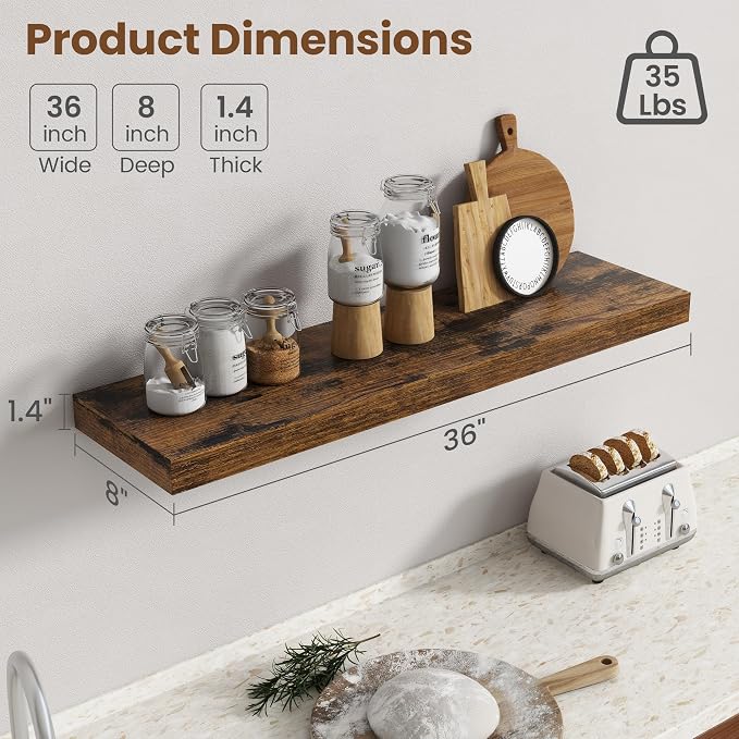 36 Inch Floating Shelves for Wall, 8 Inch Deep Floating Shelf for Storage & Display, Wall Mounted Shelf with Invisible Brackets for Living Room, Kitchen, Bathroom, Home Decor, Set of 2, Rustic Brown